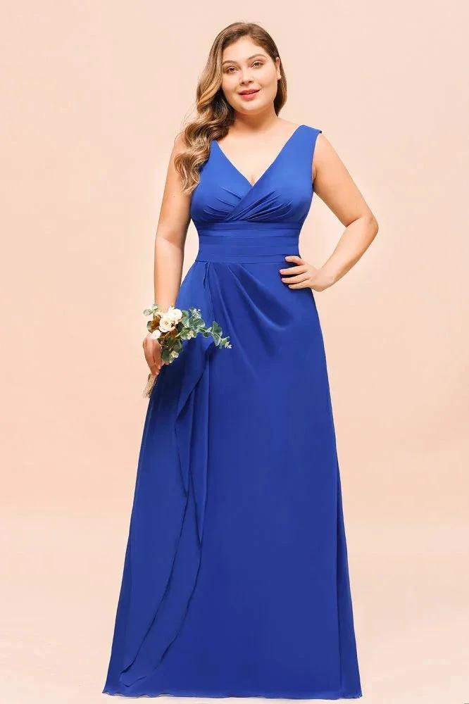 Plus Size Chiffon Sleeveless Royal Blue Bridesmaid Dress V-neck Simple Wedding Dress by misshow.com