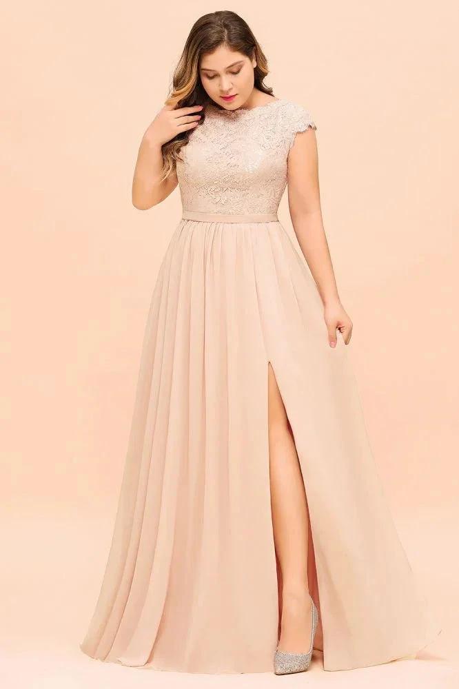 Plus Size Lace Pearl Pink Bridesmaid Dress Short Sleeves Side Split Wedding Party Dress (ZD12982)