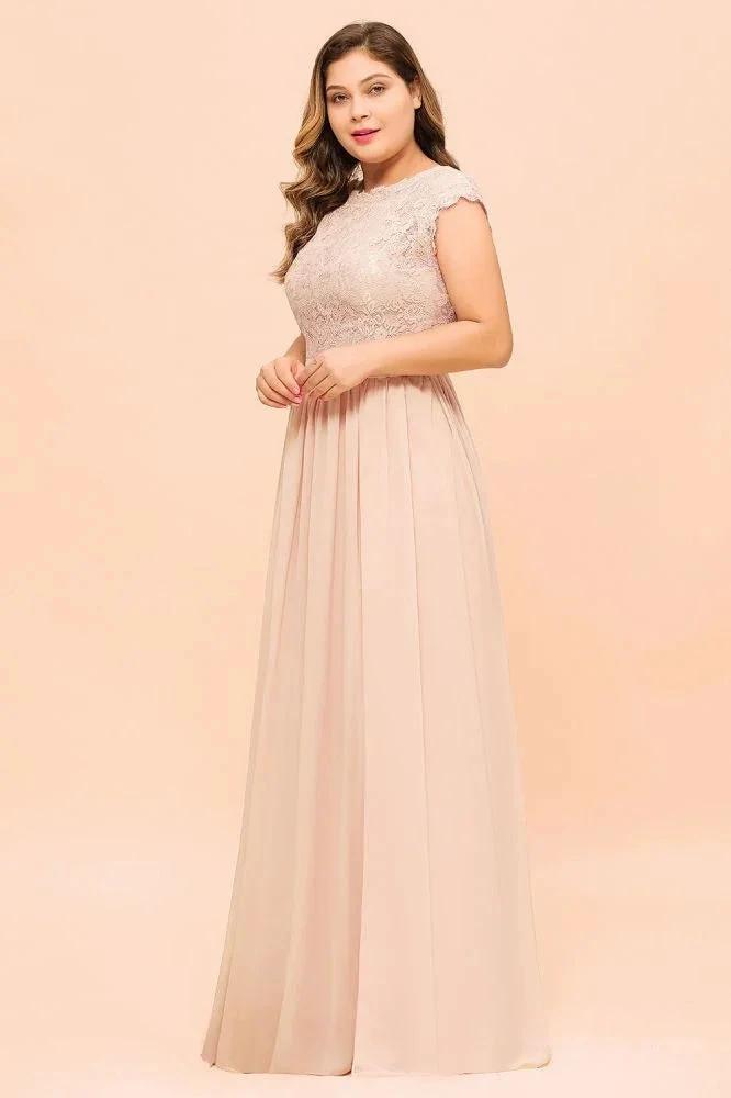 Plus Size Lace Pearl Pink Bridesmaid Dress Short Sleeves Side Split Wedding Party Dress (ZD12982)