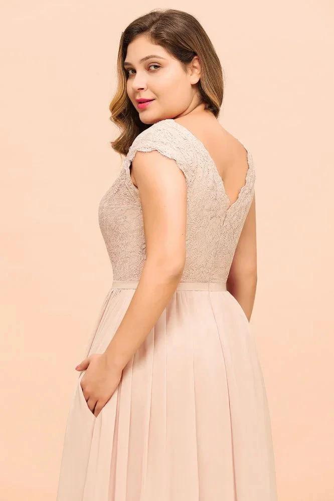 Plus Size Lace Pearl Pink Bridesmaid Dress Short Sleeves Side Split Wedding Party Dress (ZD12982)