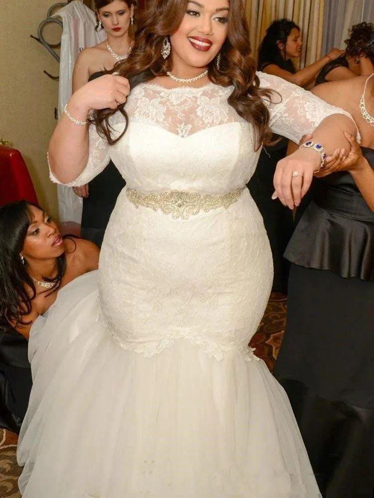 Plus Size Long Mermaid Tulle Lace Wedding Dresses with Sleeves (ZD15907) - VelvetHem