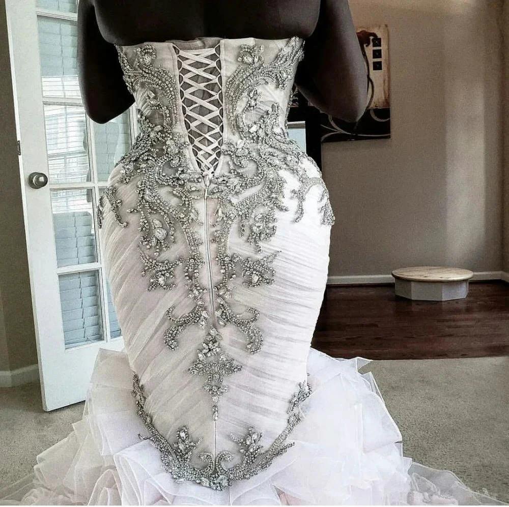 Plus Size Mermaid Crystal Lace Beads Sweetheart Long Train African Custom Made Ruffless Wedding Dress (ZD13823)