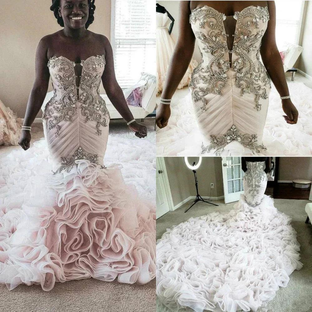 Plus Size Mermaid Crystal Lace Beads Sweetheart Long Train African Custom Made Ruffless Wedding Dress (ZD13823)