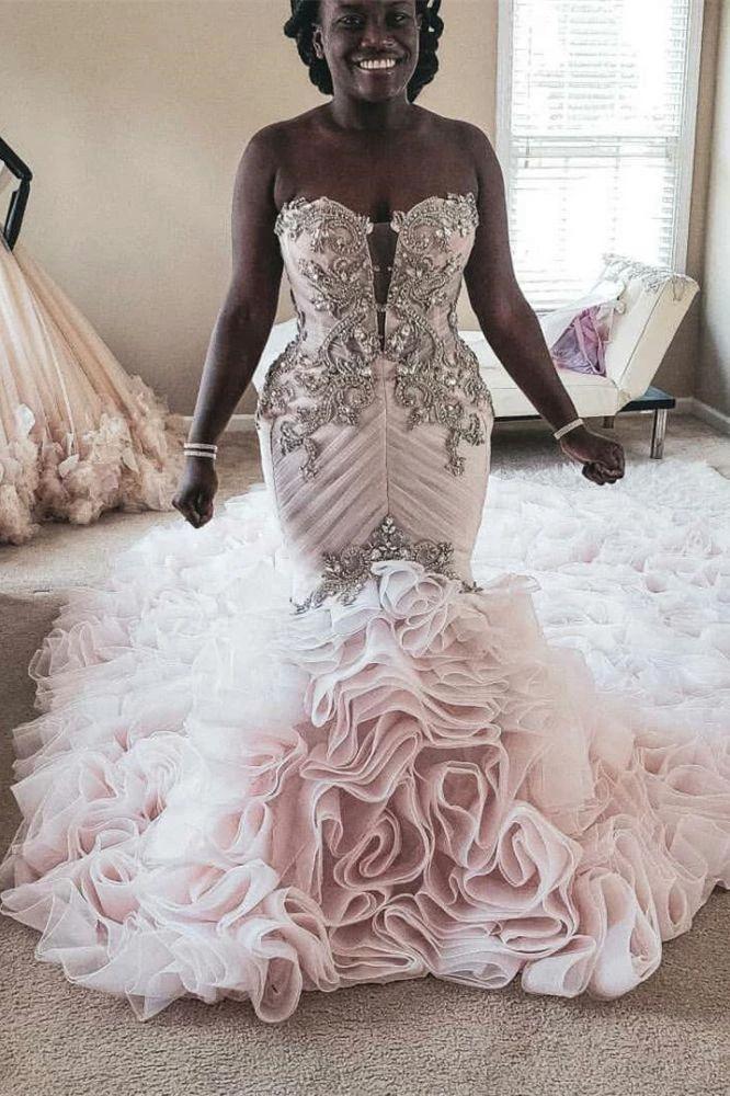 Plus Size Mermaid Crystal Lace Beads Sweetheart Long Train African Custom Made Ruffless Wedding Dress (ZD13823)