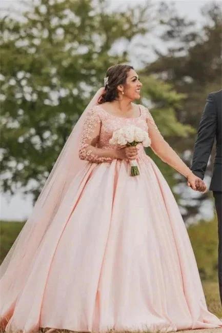 Plus Size Wedding Dress Floral Tulle A-line Bridal Gown with Long Sleeves (ZD14631)