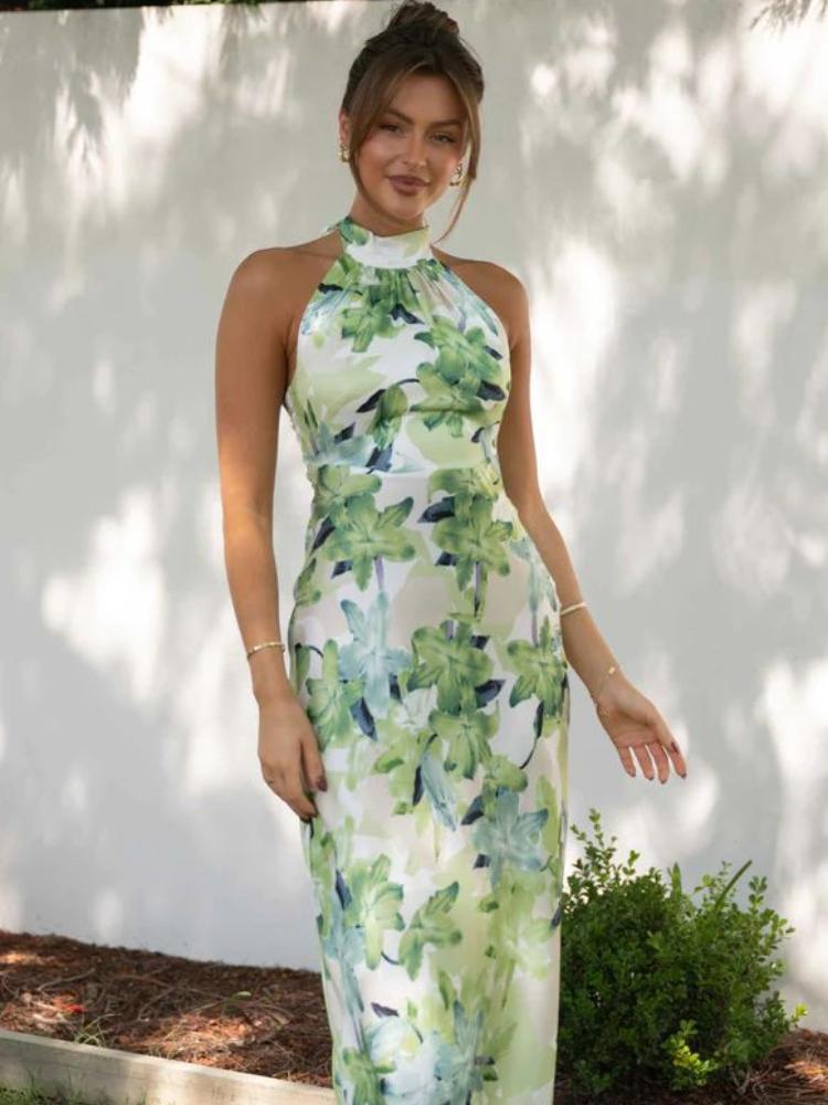 Chic Abigail Printed Halterneck Midi Dress in Backless Satin Premium Wardrobe Essential