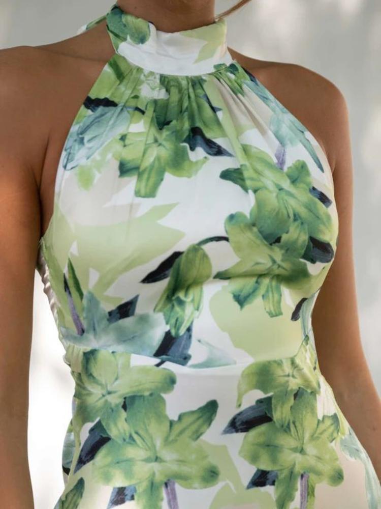 Chic Abigail Printed Halterneck Midi Dress in Backless Satin Premium Wardrobe Essential