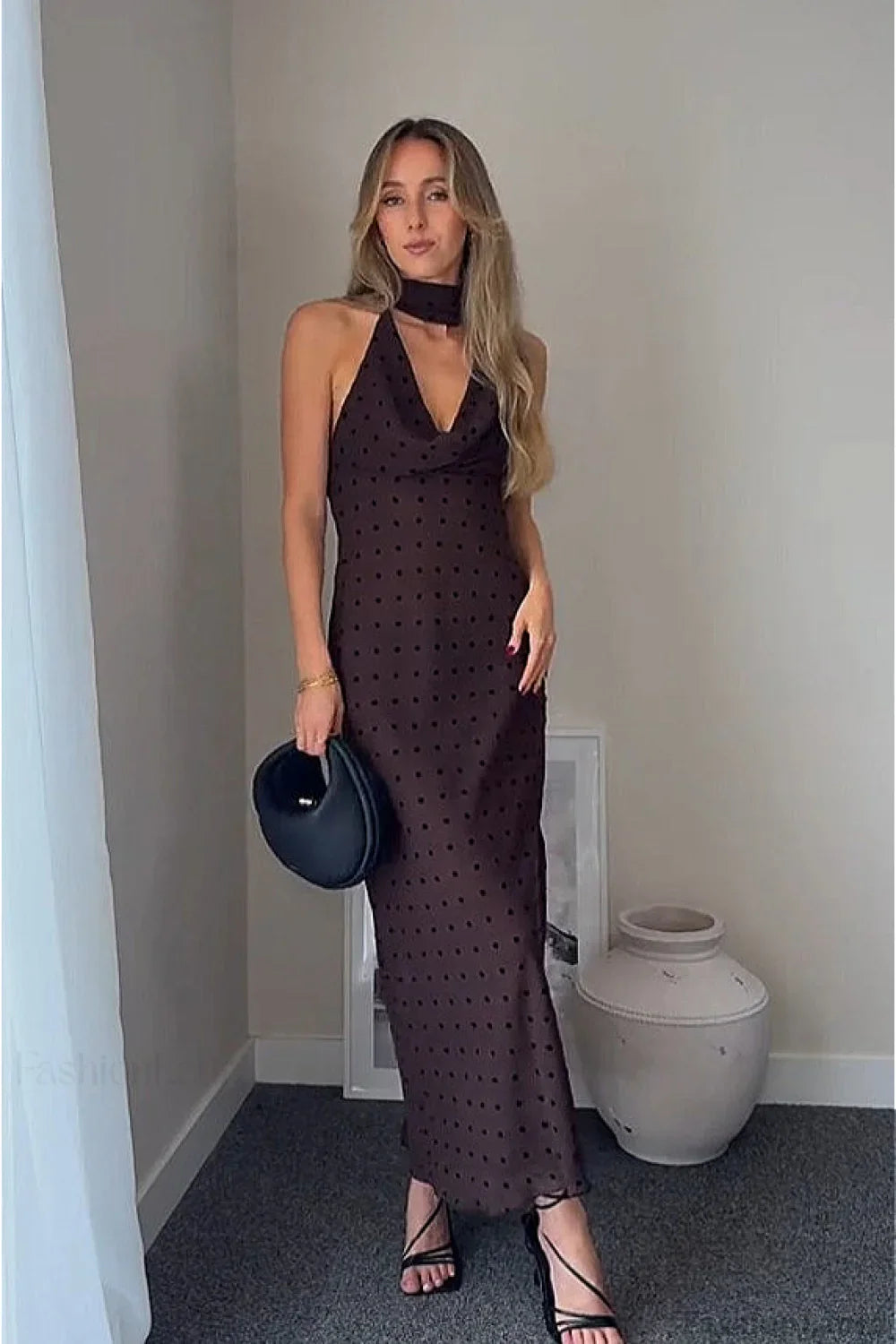 Polka Dot Scarf Neck Halter Maxi Dress Brown / S