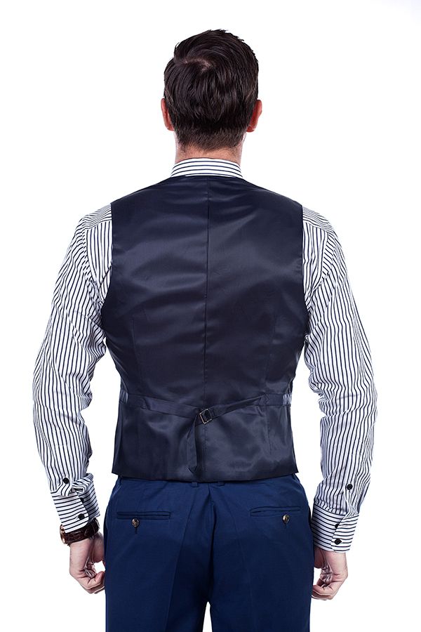 Premium Peak Lapel Navy Blue Three Piece Suits for Men with Double Breasted Vest