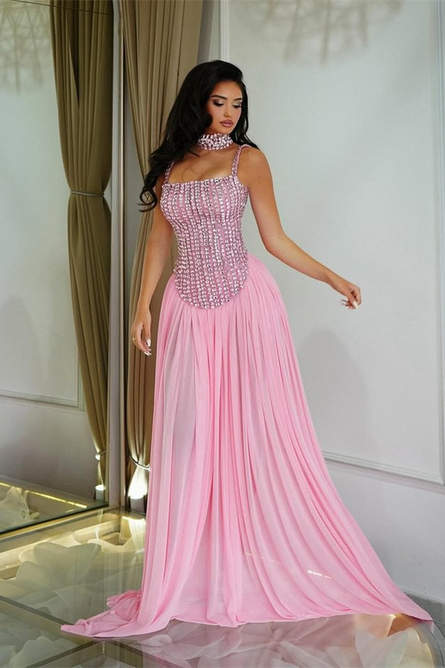 Pretty Pink Spaghetti-Straps Chiffon Prom Dresses Floor-Length Sleeveless With Beads