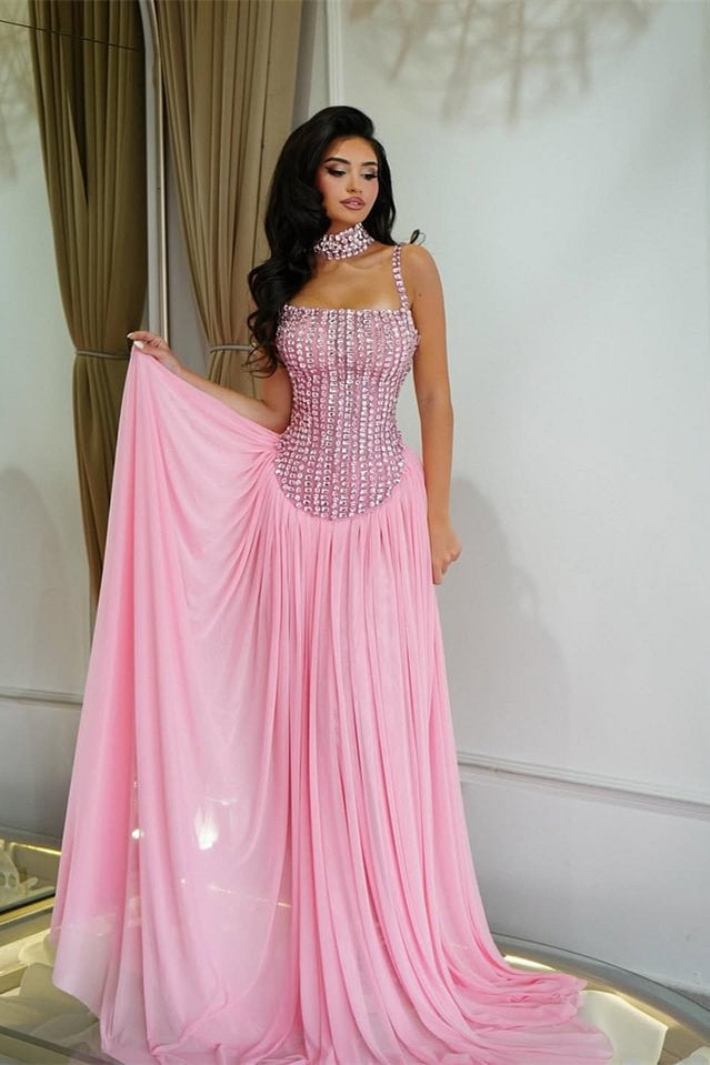 Pretty Pink Spaghetti-Straps Chiffon Prom Dresses Floor-Length Sleeveless With Beads