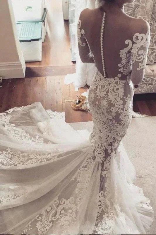 Pretty Pretty Mermaid Lace Appliques Long Sleeves Sheer Tulle Elegant Wedding Dresses (ZD14732)