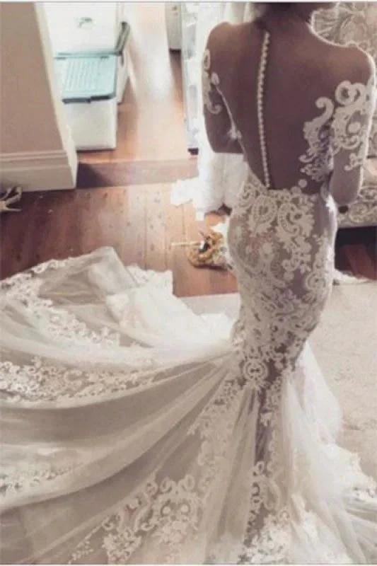 Pretty Pretty Mermaid Lace Appliques Long Sleeves Sheer Tulle Elegant Wedding Dresses (ZD14732)