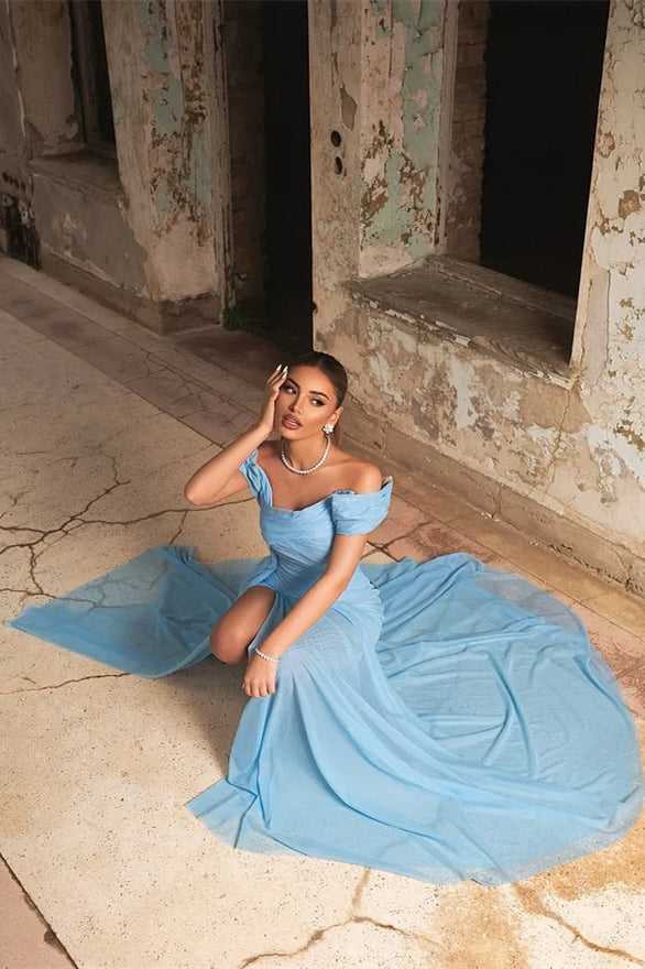 Pretty Sky Blue Off-The-Shoulder Chiffon Prom Dress A-Line High Split With Ruffle Pleats