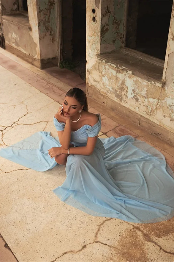 Pretty Sky Blue Off-The-Shoulder Chiffon Prom Dress A-Line High Split With Ruffle Pleats
