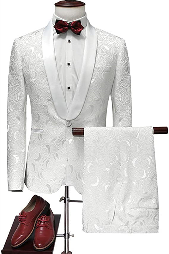 Pricey White Jacquard Suits for Wedding Tuxedos Groom Wear Shawl Lapel Groomsmen Outfit Man Blazers 3Piece