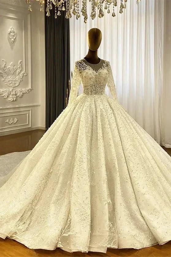 Princess Elegant A-line Long Sleeves Lace Wedding Dress With Train (ZD14535)