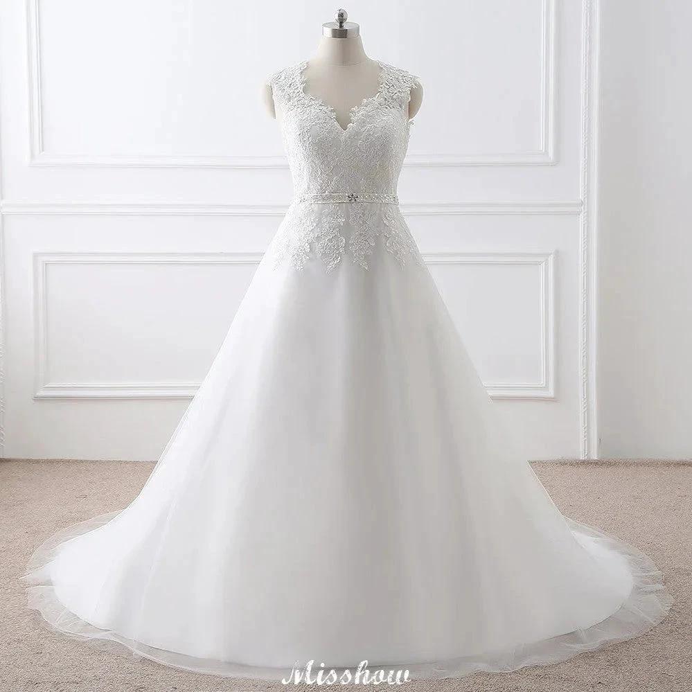 Princess Lace V-neck Tulle Elegant Wedding Dress by misshow.com