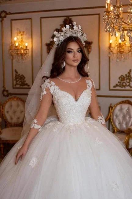 Princess Long A-line V-neck Lace Wedding Dresses With Long Sleeves (ZD14985) - View 3 | VelvetHem