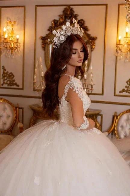 Princess Long A-line V-neck Lace Wedding Dresses With Long Sleeves (ZD14985) - View 4 | VelvetHem