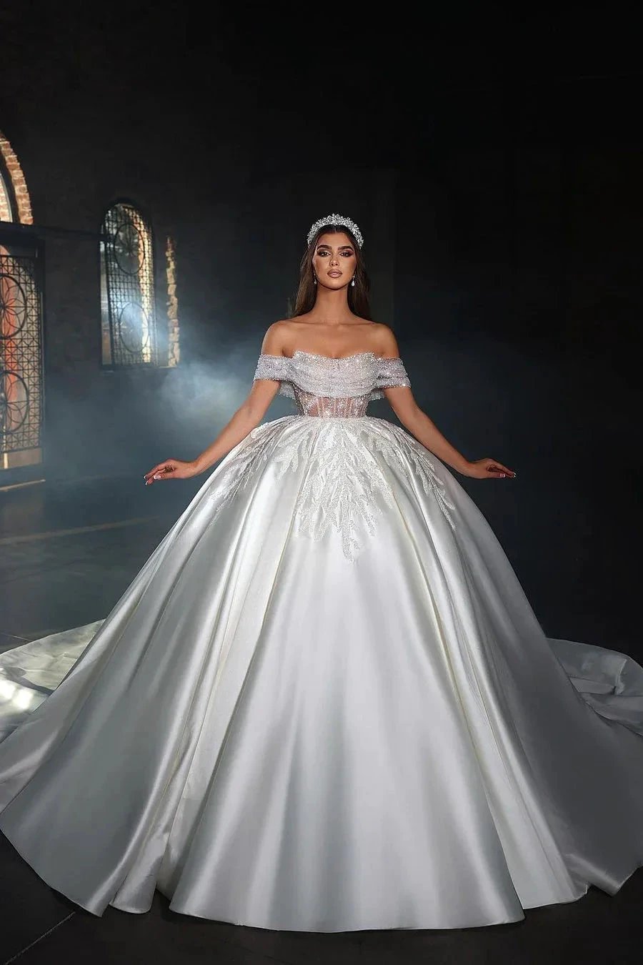 Princess Long White A-line Off-the-shoulder Beading Lace Wedding Dress (ZD14926)