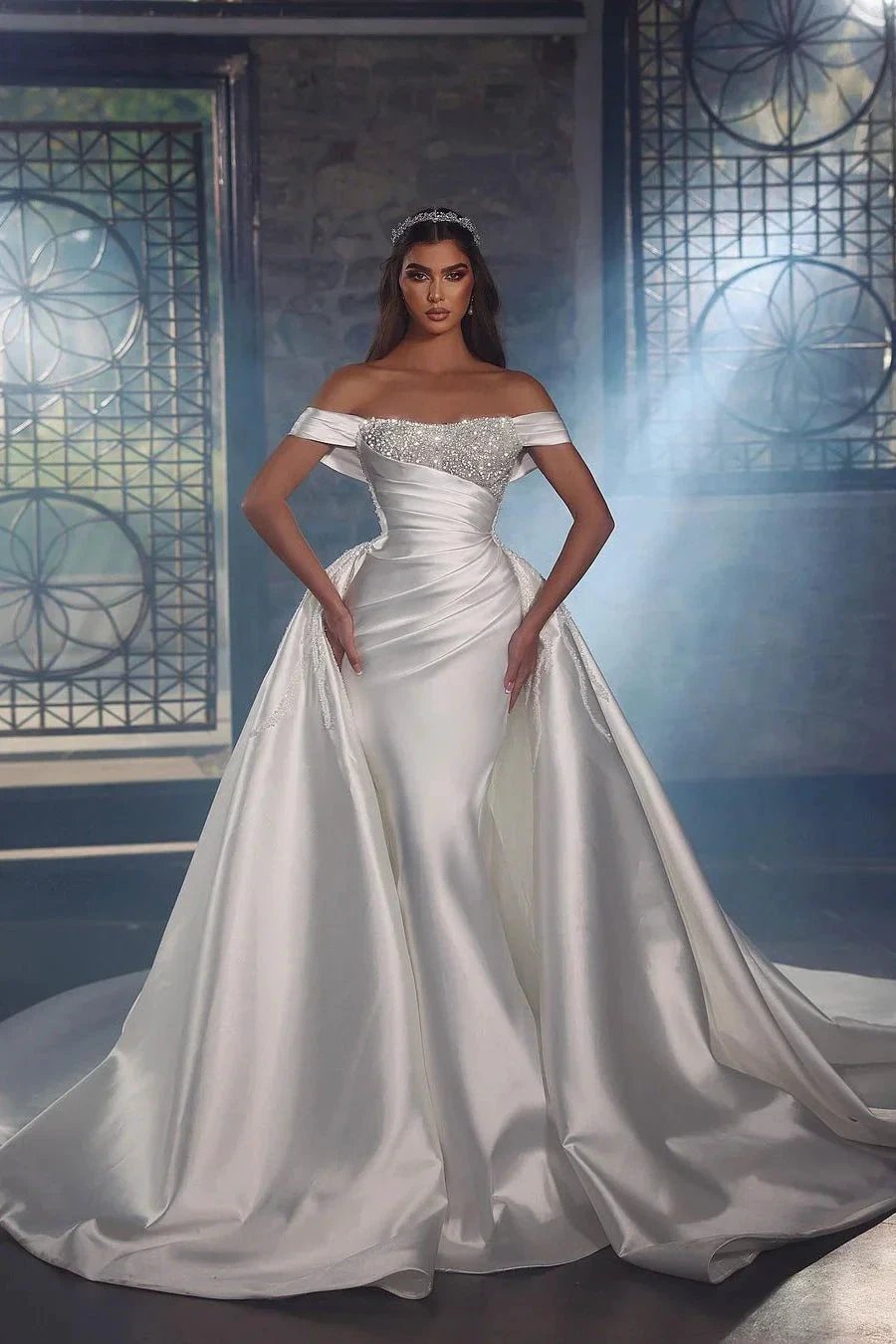 Princess Long White A-line Off-the-shoulder Lace Beading Wedding Dress With Detachable Train (ZD16512)