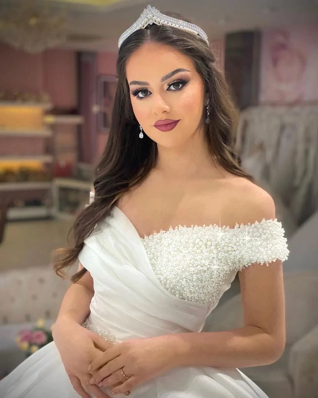 Princess Long White A-line Off-the-shoulder Wedding Dress With Pearls (ZD14927)