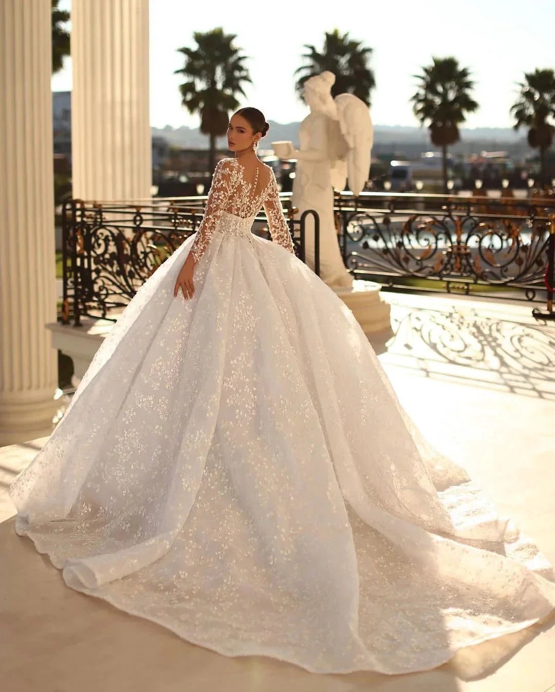 Princess Long White A-line V-neck Lace Wedding Dress With Long Sleeves (ZD16497) - View 2 | VelvetHem
