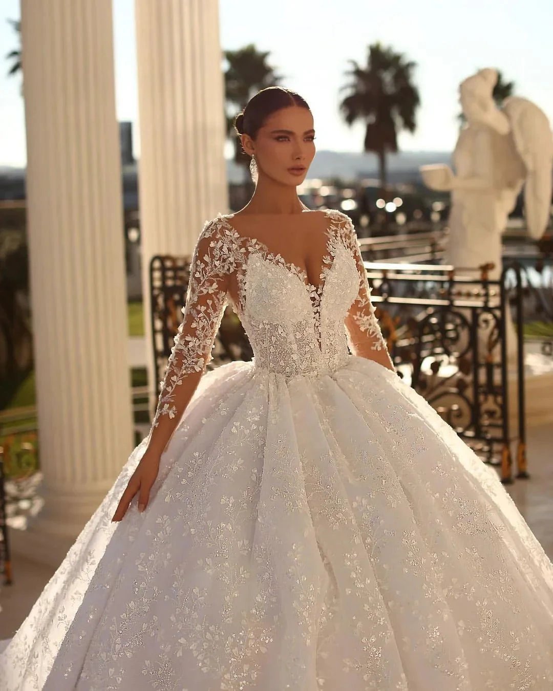 Princess Long White A-line V-neck Lace Wedding Dress With Long Sleeves (ZD16497)