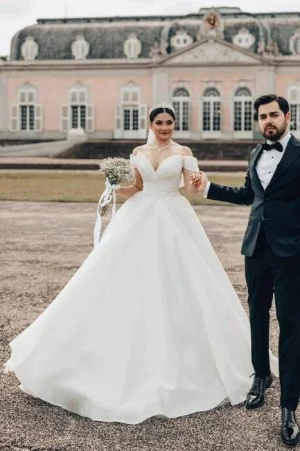Princess Long White Off-the-shoulder A-line V-neck Organza Satin Wedding Dress (ZD16626)