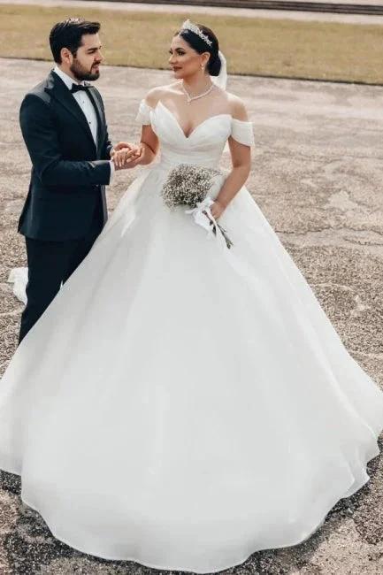 Princess Long White Off-the-shoulder A-line V-neck Organza Satin Wedding Dress (ZD16626)