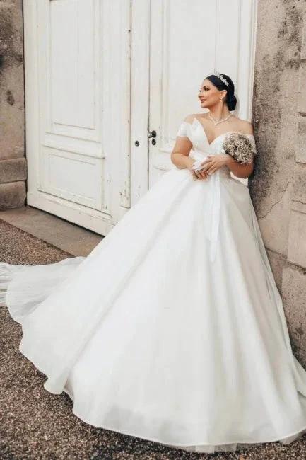 Princess Long White Off-the-shoulder A-line V-neck Organza Satin Wedding Dress (ZD16626)