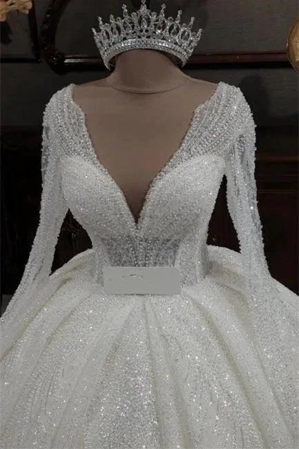 Princess V-neck Glitter A-line Wedding Dresses With Sleeves (ZD14633)