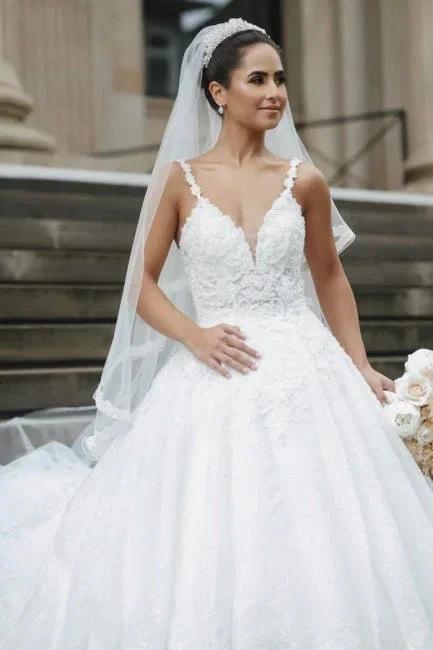Princess White A-line V-neck Sleeveless Wedding Dresses With Lace (ZD14972)