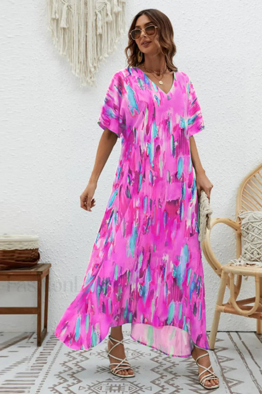 Print Short Sleeve Charming Wide Hem Maxi Dress