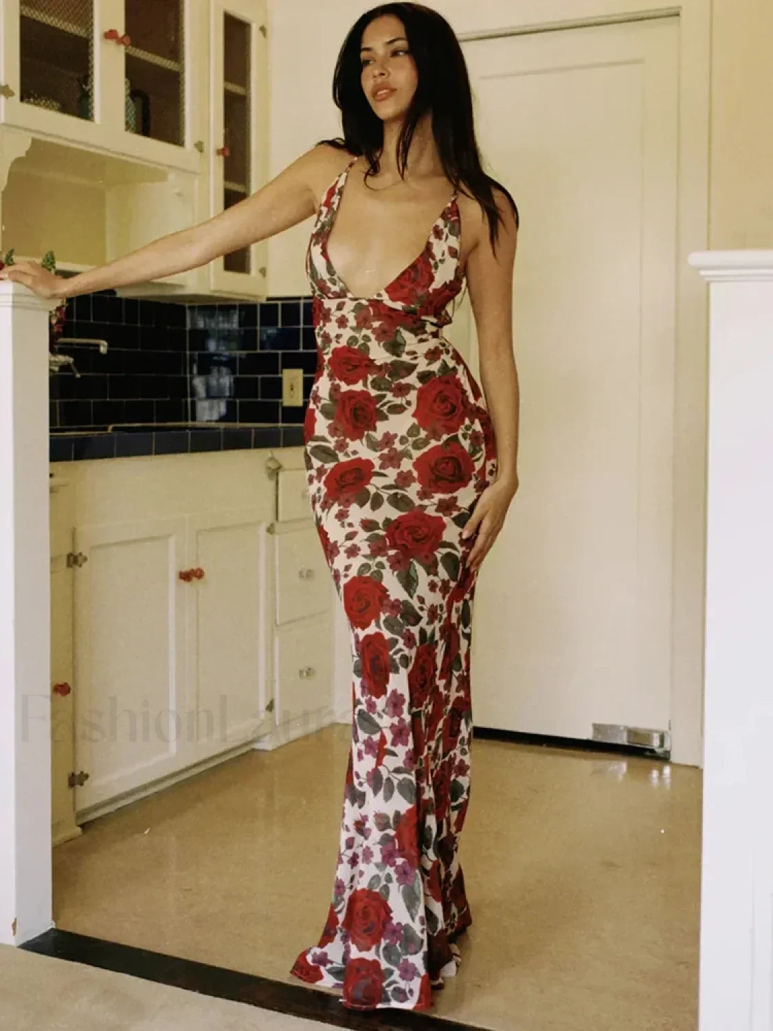 Printed Lace Up Maxi Dress Red / L