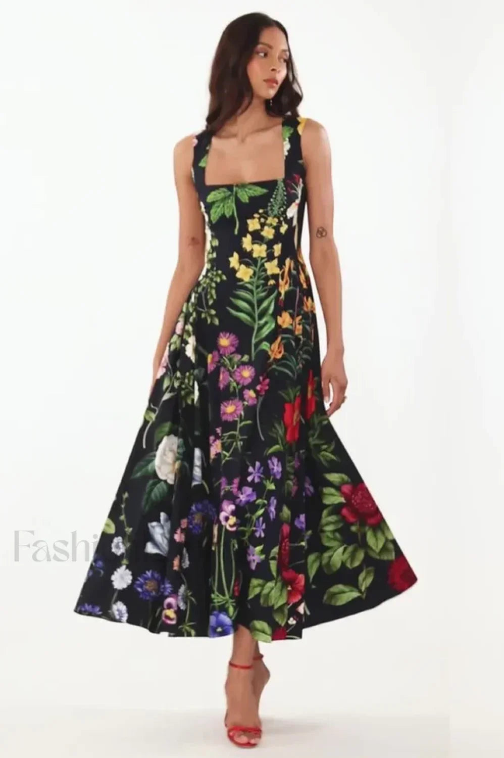 Printed Tie Back Stylish Cotton Blend Midi Dress S / Floral