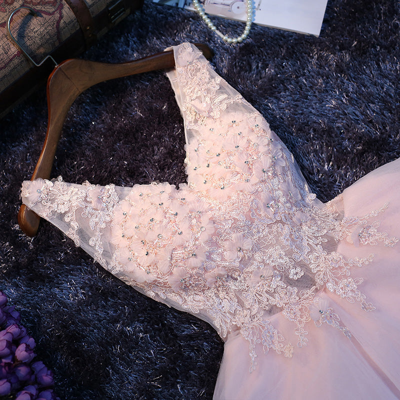 Pink A-Line V-Neck sequins lace short prom dress,homecoming dress,party dress - View 2 | FashionDia