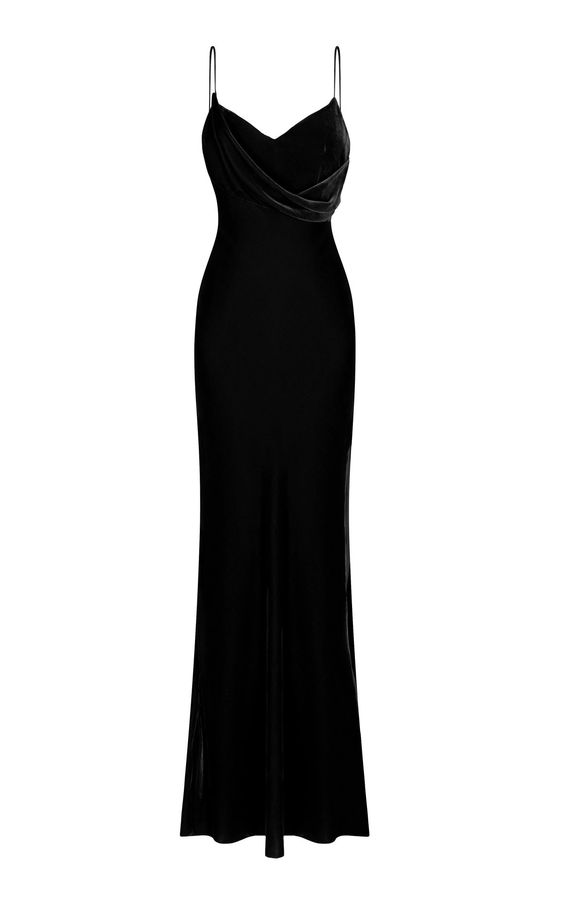 Draped Silk Velvet Black Prom Dress Spaghetti Straps Evening Dress - FashionDia