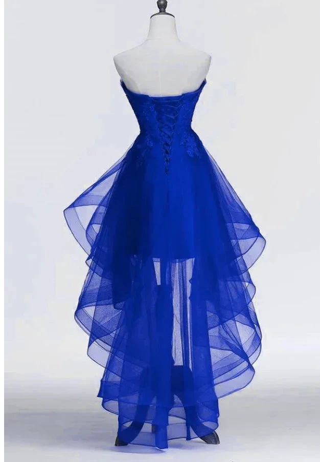 Royal Blue Tulle with Lace Applique High Low Party Dress Blue Homecoming Dress (ZD12513)