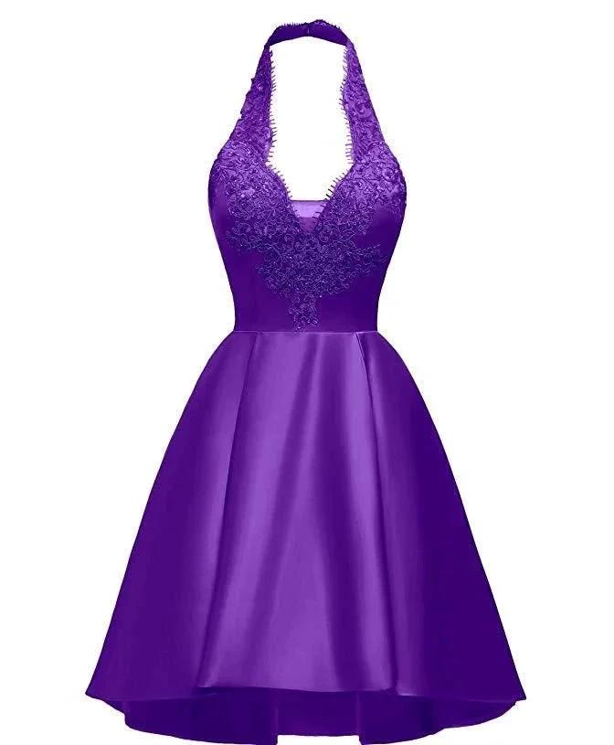 Halter Deep V Neck Satin Appliques Purple Backless Pleated A Line Homecoming Dresses (ZD12445)