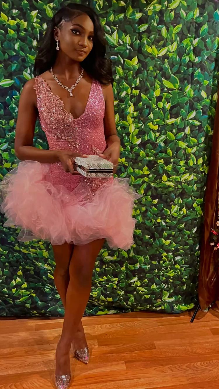 Cute V Neck Pink Short Homecoming Dress and Bottom Tulle Ruffles Pink Birthday Outfit Dress F1069