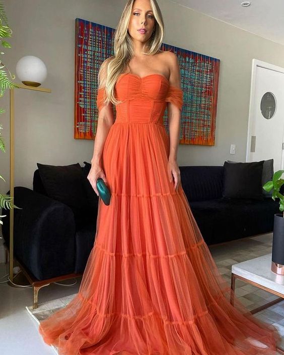 Elegant Off The Shoulder Orange Tulle Long Evening Dresses Y1059 - View 2 | VelvetHem