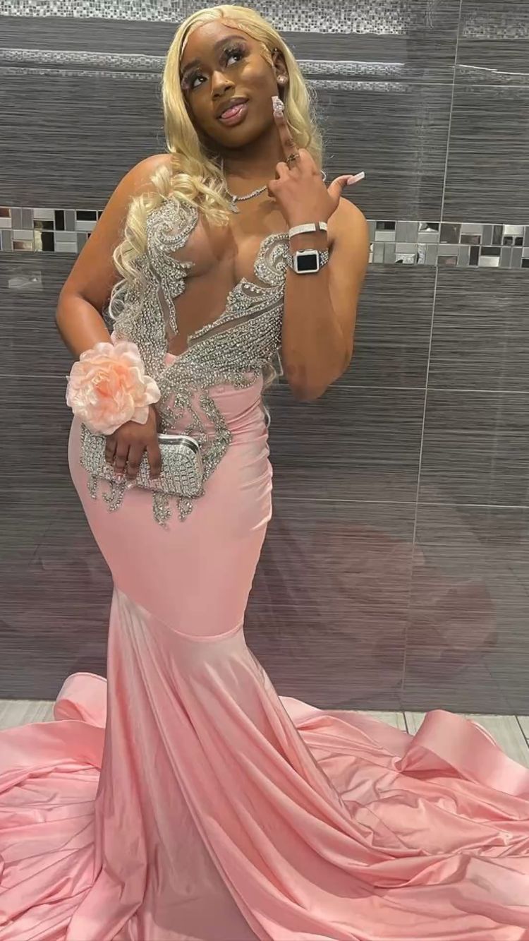Elegant Deep V Neck Mermaid Evening Dress, Pink Prom Dress For Black Girls Y797 - View 2 | VelvetHem