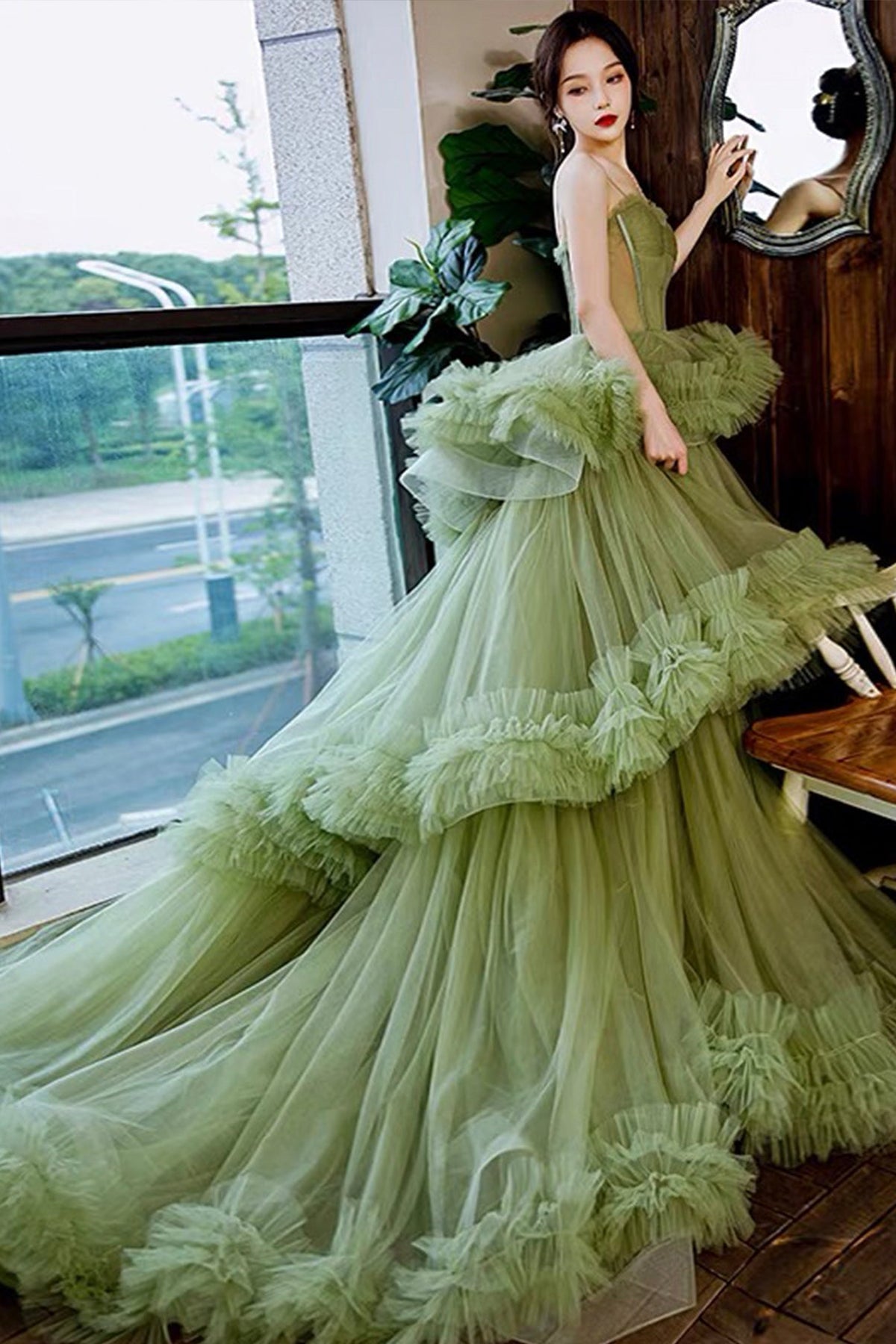 Green tulle long A-Line prom dress green evening dress - View 2 | FashionDia
