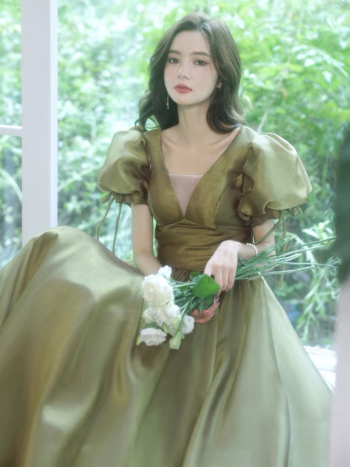 Socialite evening dress, escaped princess high sense party dress, bubble sleeve green prom dress - View 4 | FashionDia
