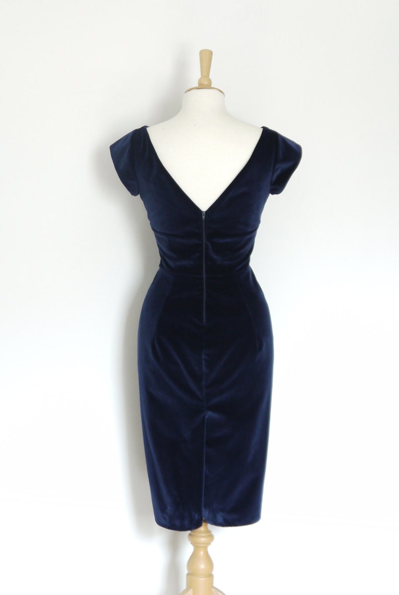 Midnight Blue Velvet Classic Pencil Dress Simple Party Dress - View 4 | FashionDia