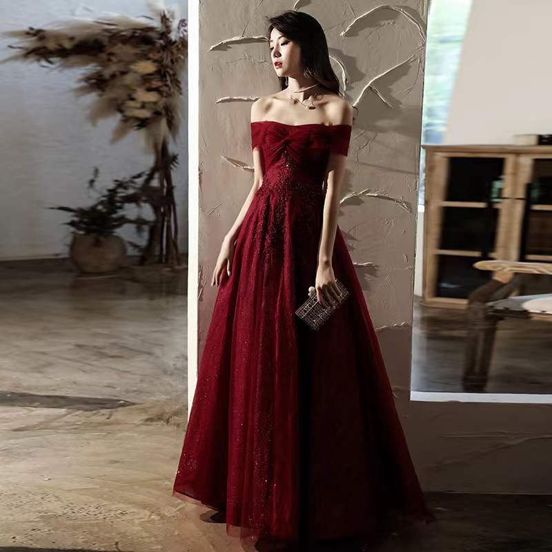 Burgundy tulle sequins long Prom & Evening Dress - View 4 | FashionDia