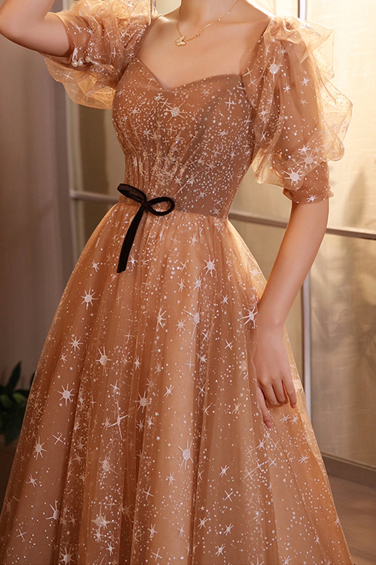 Elegant Champagne Evening Dresses Female Lanturn Sleeves Bow Lace Up Long French Style Ball Gowns - View 4 | FashionDia