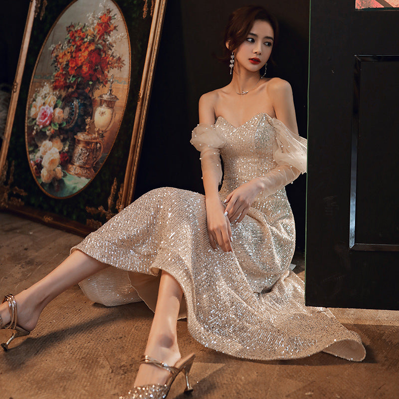 Champagne evening dress, off-the-shoulder party dress, shiny sexy dress - View 4 | FashionDia